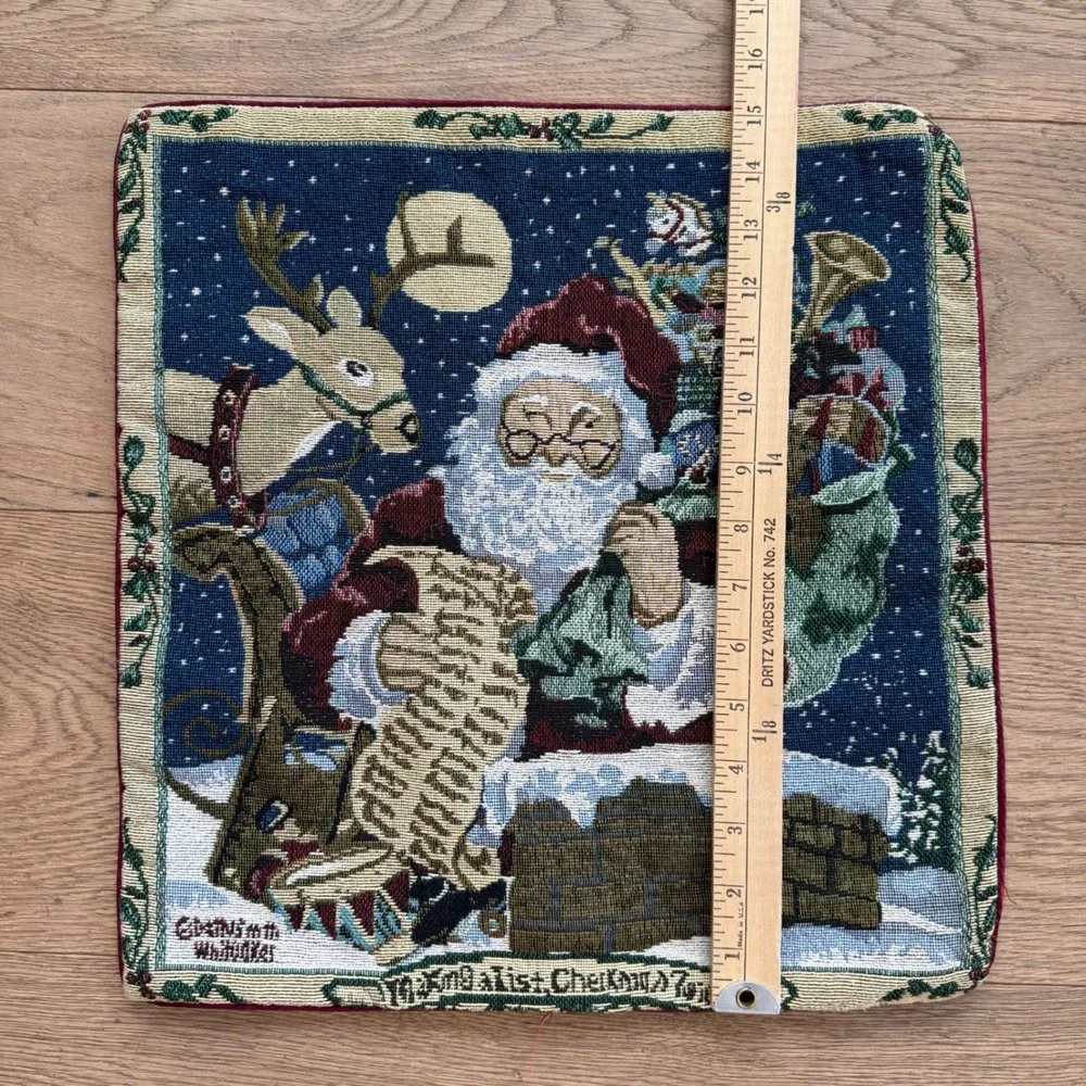 Vintage Christmas Tapestry Santa Claus Reindeer Pillow Cover‎ 14.5x15 Red Zipper